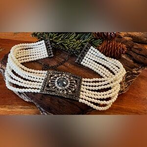Costume Statement Necklace Chocker 7 Strand White Crystal Pearls Beads Wedding